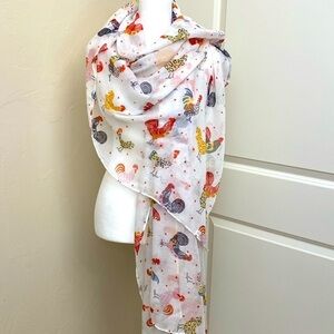 Rooster Hens Scarf Womens Novelty Print Birds Garden Red/White/Gold Sheer 72’